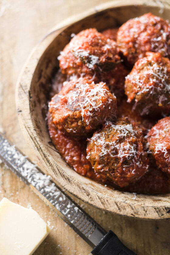 These streamlined Neapolitan meatballs are made with panko breadcrumbs ...